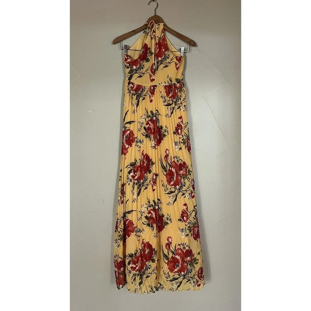 Abercrombie & Fitch Pleated Halter Maxi Dress, Yellow Floral, Empire Waist SZ XS - Picture 2 of 16